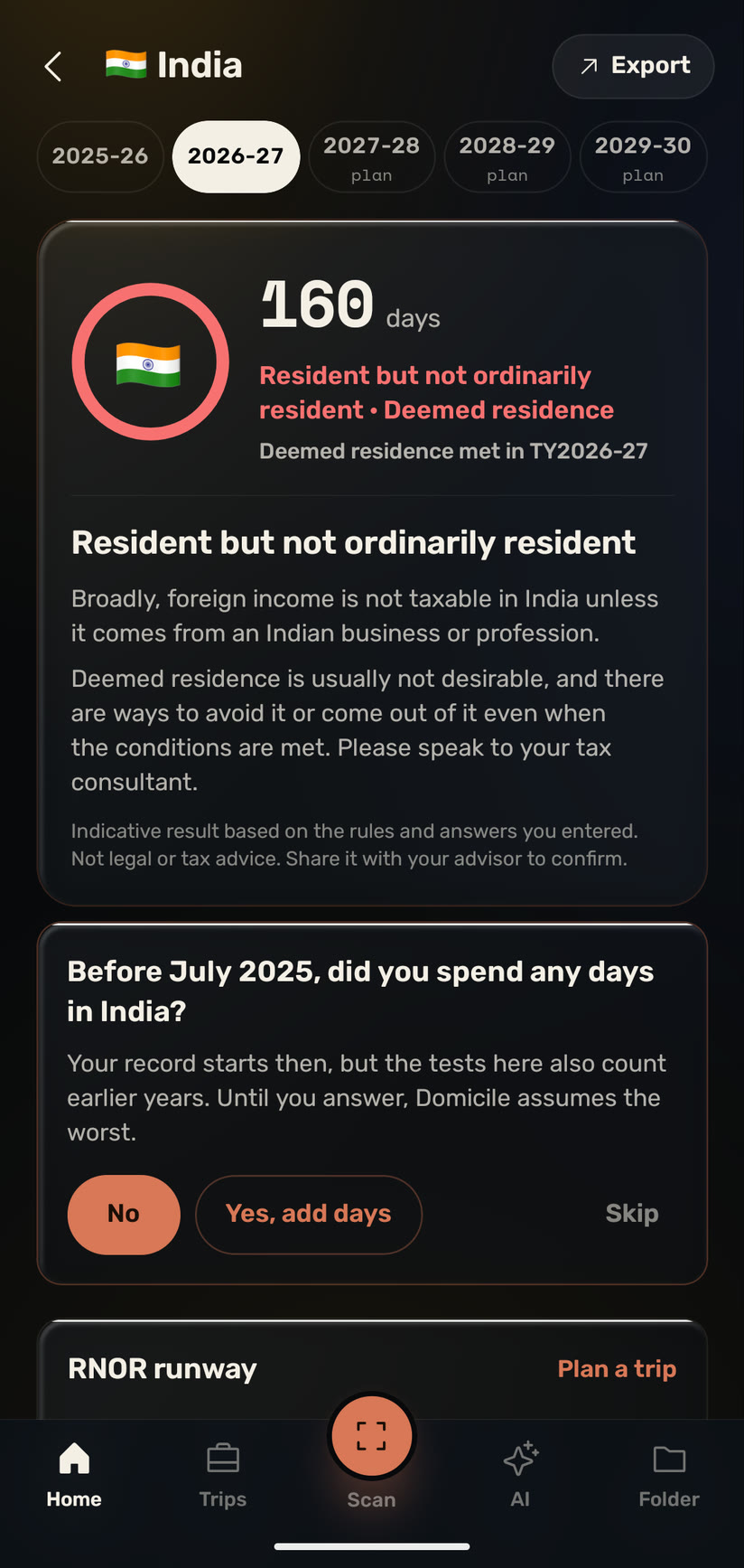 India, tax year 2026-27: 160 days, resident but not ordinarily resident, deemed residence met, with what that means